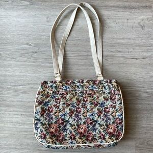 VINTAGE Ivory Tapestry Multicoloured Floral Print Canvas Large Shoulder Bag